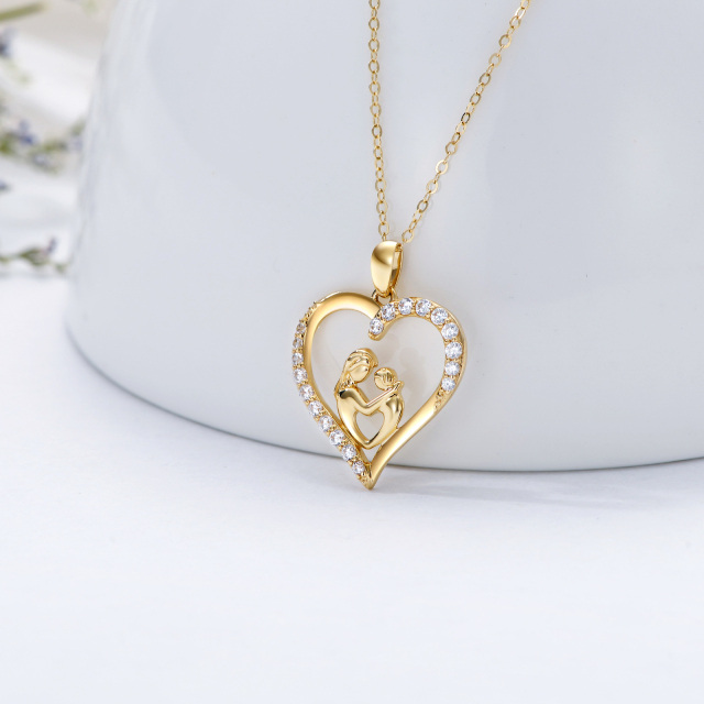 Collier en or 14K à zircon cubique avec pendentif en forme de coeur pour maman et enfants-2
