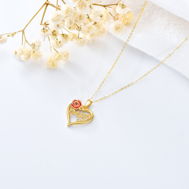 14K Gold & Rose Gold Heart Cubic Zirconia Rose & Heart Pendant Necklace with Engraved Word-3