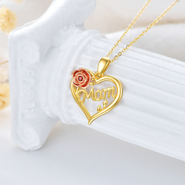 14K Gold & Rose Gold Heart Cubic Zirconia Rose & Heart Pendant Necklace with Engraved Word-2