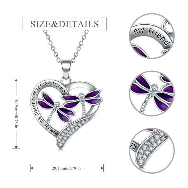 Sterling Silver Circular Shaped Dragonfly & Heart Pendant Necklace with Engraved Word-2