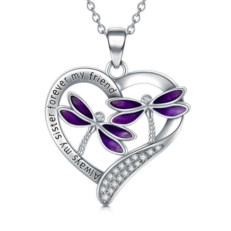 Sterling Silver Circular Shaped Dragonfly & Heart Pendant Necklace with Engraved Word