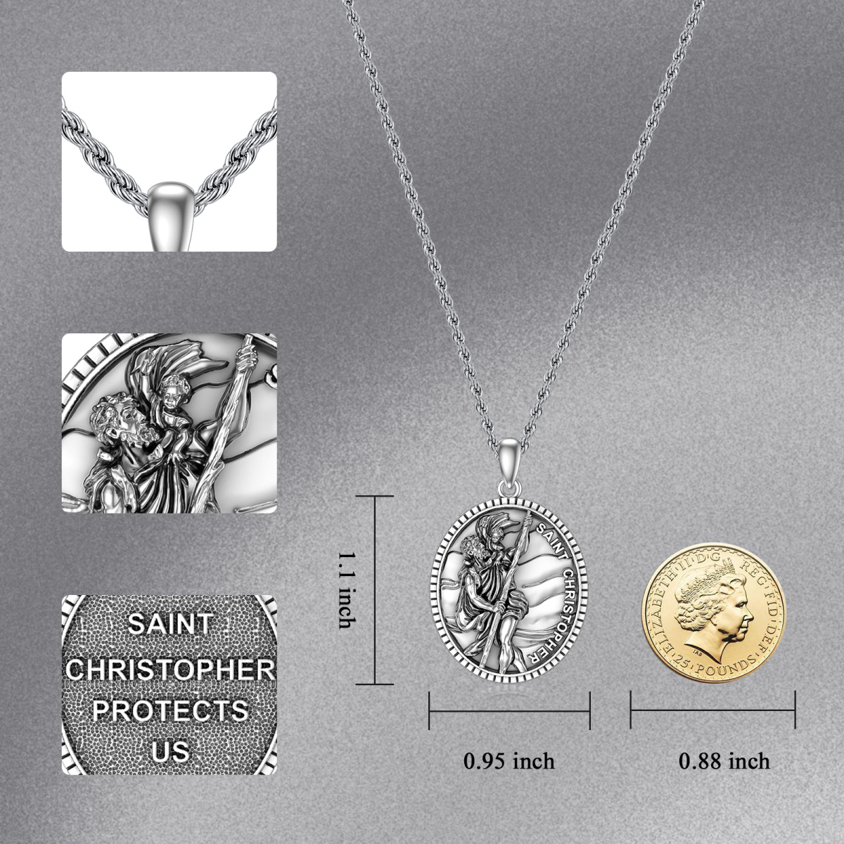 Sterling Silver St. Christopher Protect Us Pendant Necklace for Men with Rope Chain-5