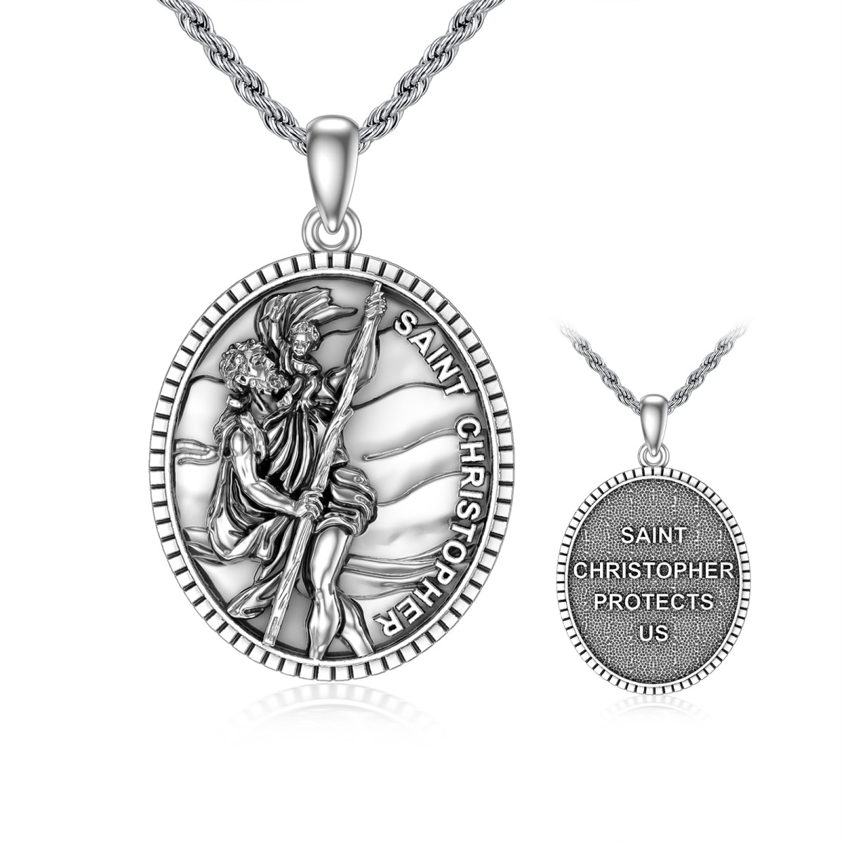 Collier en argent sterling avec pendentif St. Christopher Protect Us pour hommes avec chaîne en corde-1