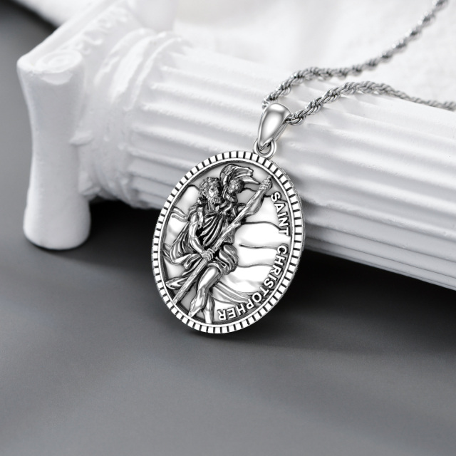 Sterling Silver St. Christopher Protect Us Pendant Necklace for Men with Rope Chain-2