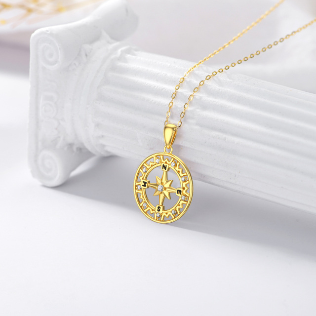 14K Gold Round Zircon Compass Pendant Necklace-2