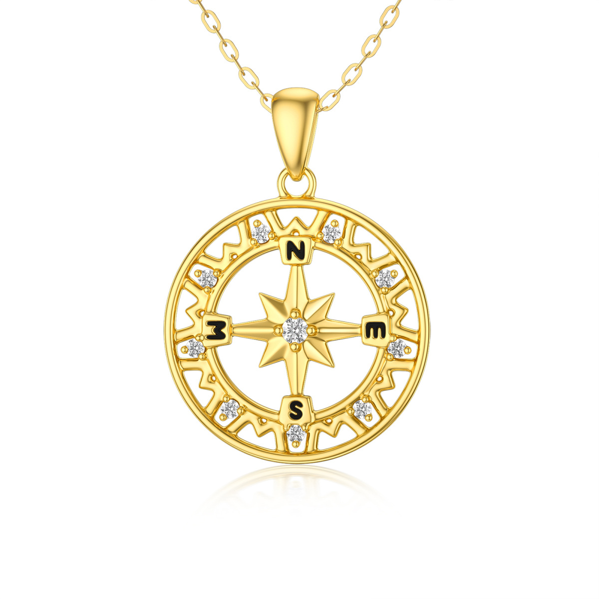 14K Gold Round Zircon Compass Pendant Necklace-1