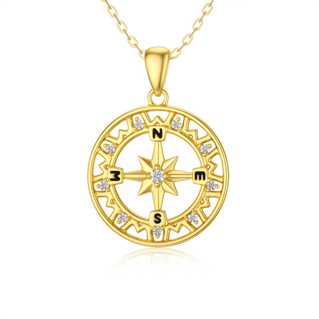 14K Gold Round Zircon Compass Pendant Necklace-0
