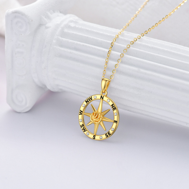 9K Gold Round Zircon Rose & Compass Pendant Necklace-2