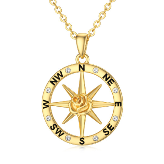 9K Gold Round Zircon Rose & Compass Pendant Necklace