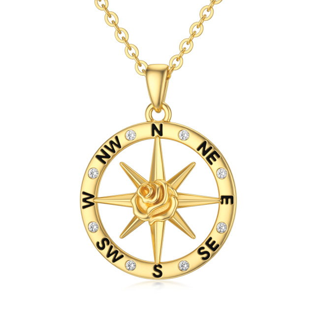 9K Gold Round Zircon Rose & Compass Pendant Necklace-0