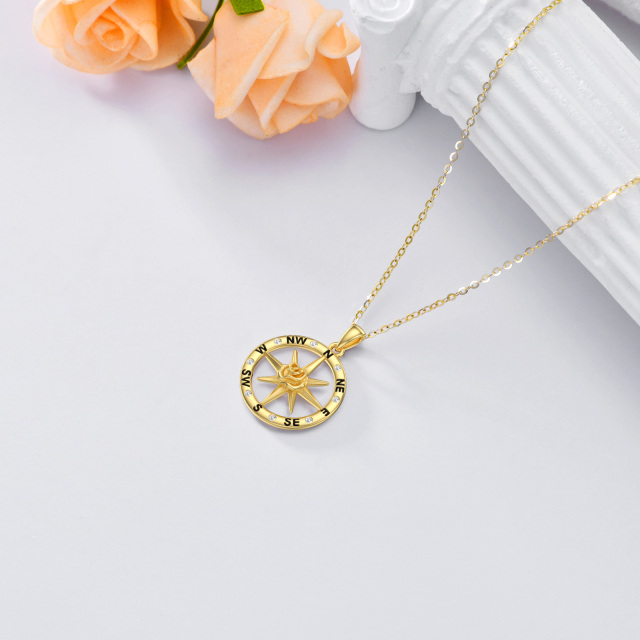 9K Gold Round Zircon Rose & Compass Pendant Necklace-3