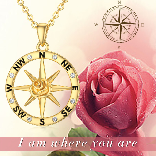 9K Gold Round Zircon Rose & Compass Pendant Necklace-4