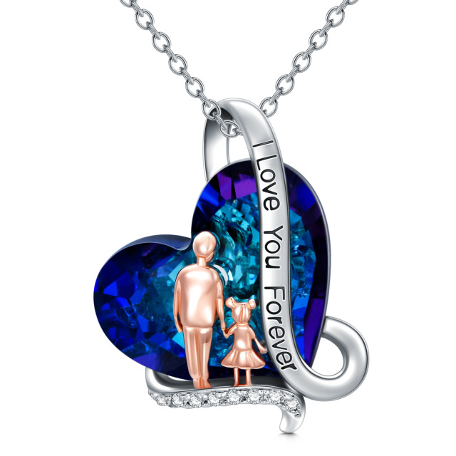 Sterling SilverFather & Daughter Blue Heart Crystal Pendant Necklace Gift for Daughter-1