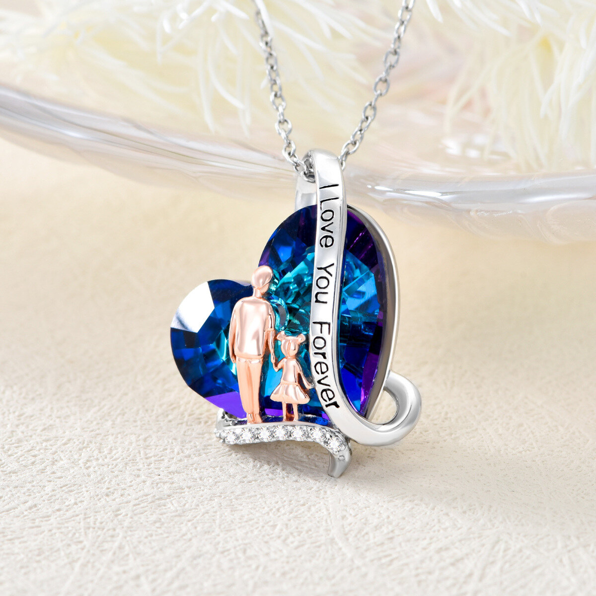 Sterling SilverFather & Daughter Blue Heart Crystal Pendant Necklace Gift for Daughter-3