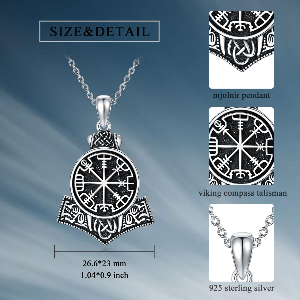 Sterling Silver Viking Rune Pendant Necklace for Men-6