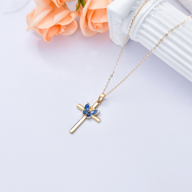 14K Gold Blue Glaze Butterfly Cross Pendant Necklace-3