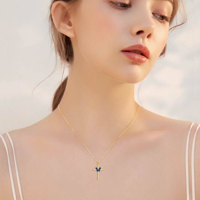 14K Gold Blue Glaze Butterfly Cross Pendant Necklace-1