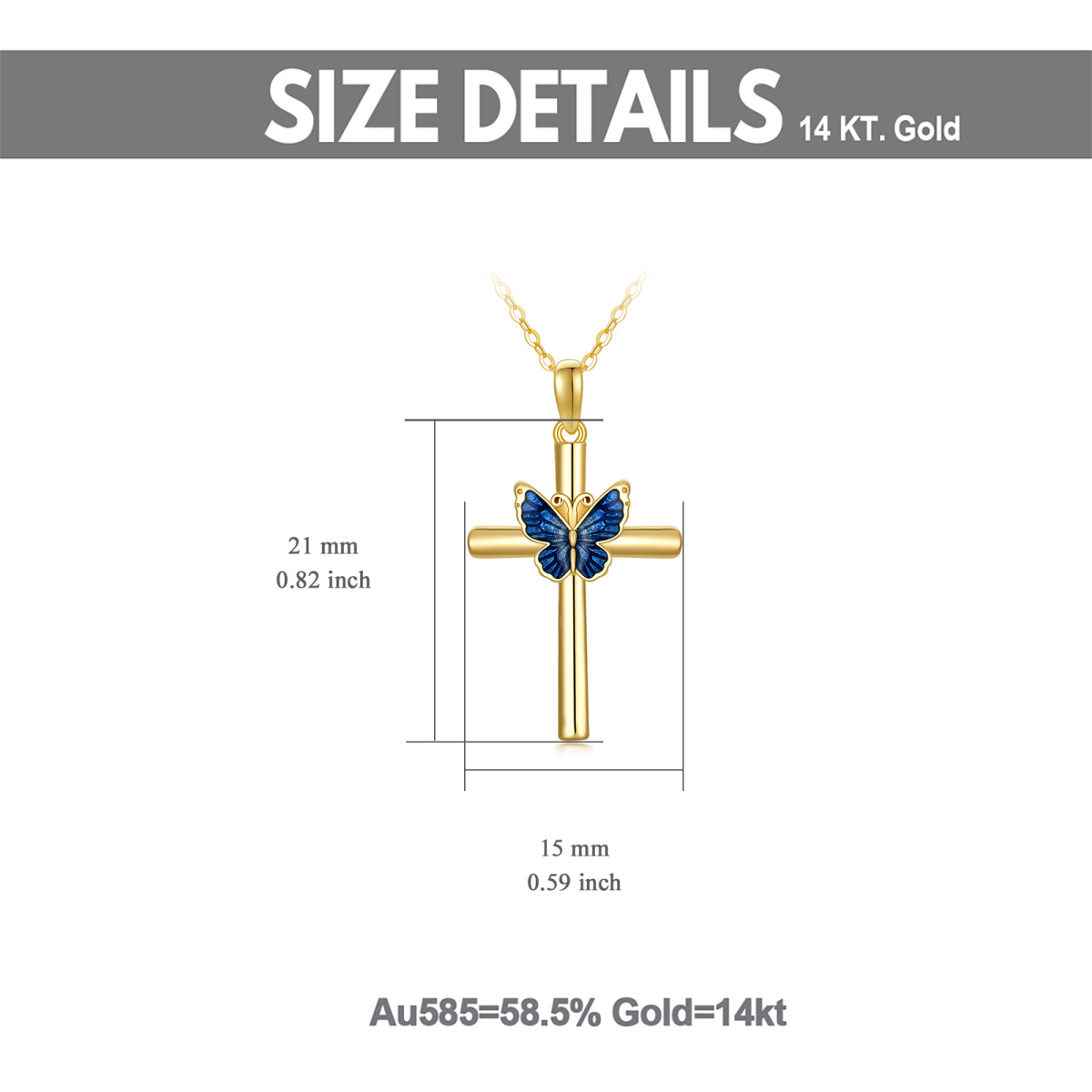 14K Gold Blue Glaze Butterfly Cross Pendant Necklace-5