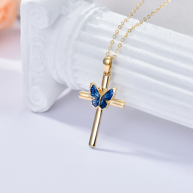 14K Gold Blue Glaze Butterfly Cross Pendant Necklace-2