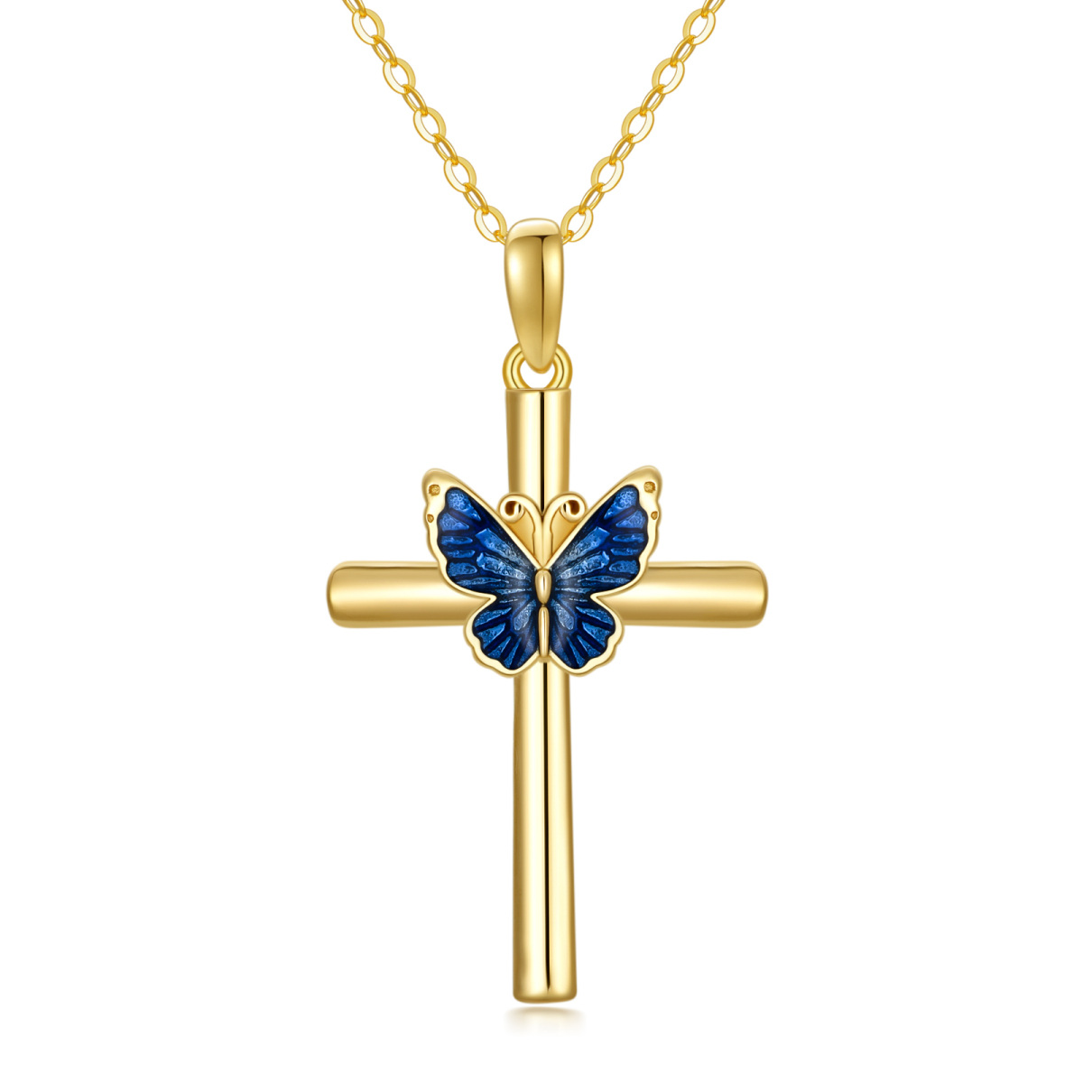 14K Gold Blue Glaze Butterfly Cross Pendant Necklace-1