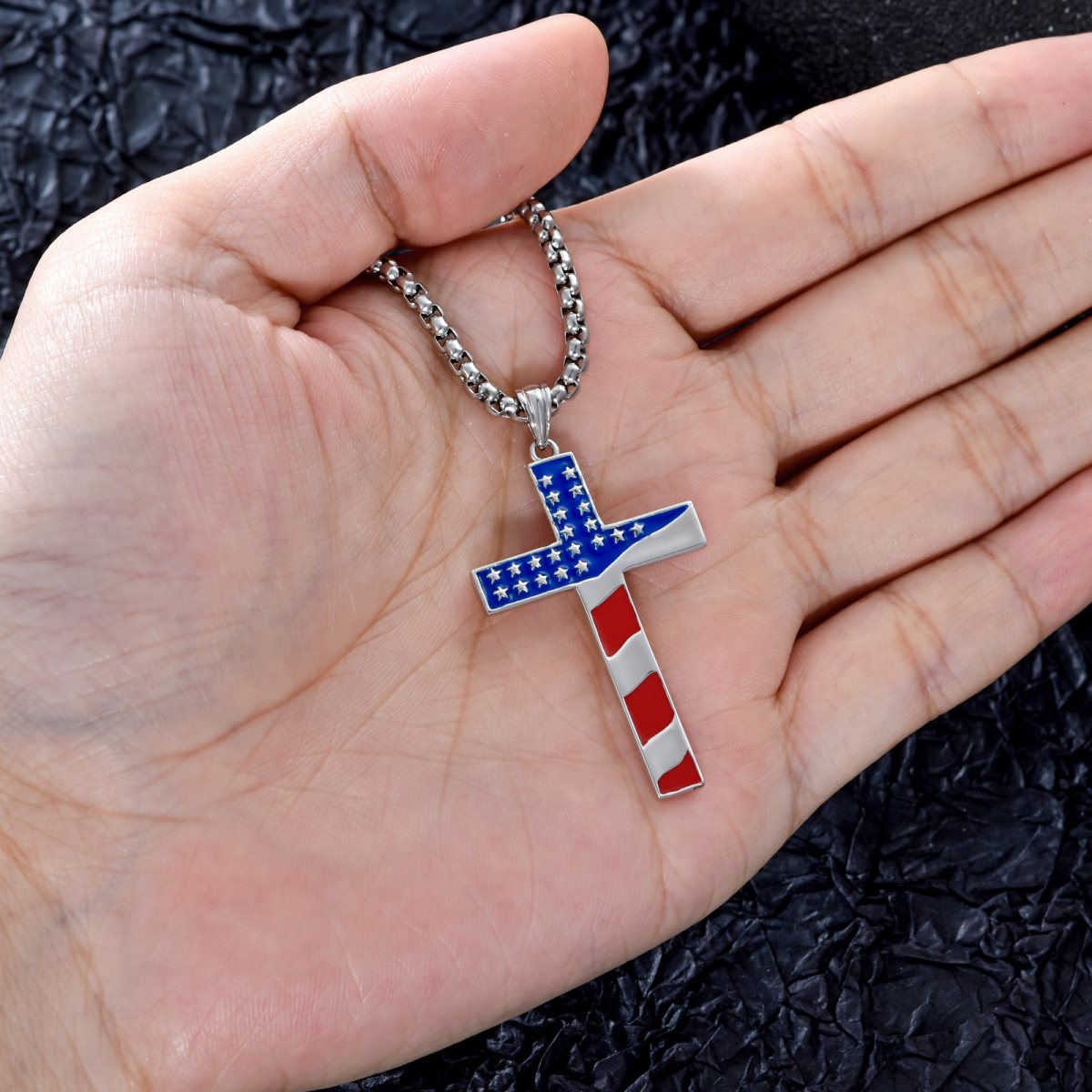 Sterling Silver American Flag & Cross Pendant Necklace-5