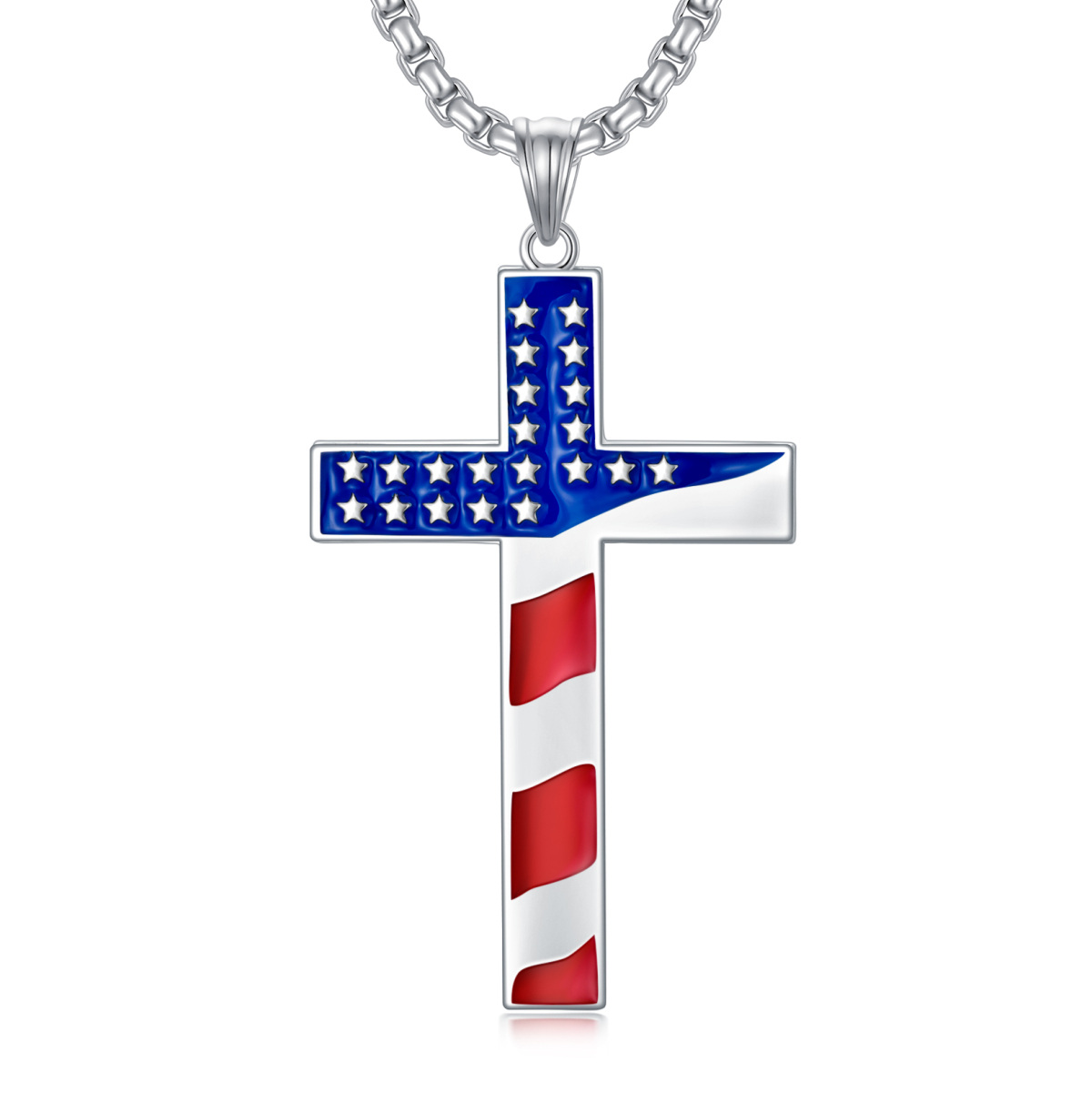 Sterling Silver American Flag & Cross Pendant Necklace-1