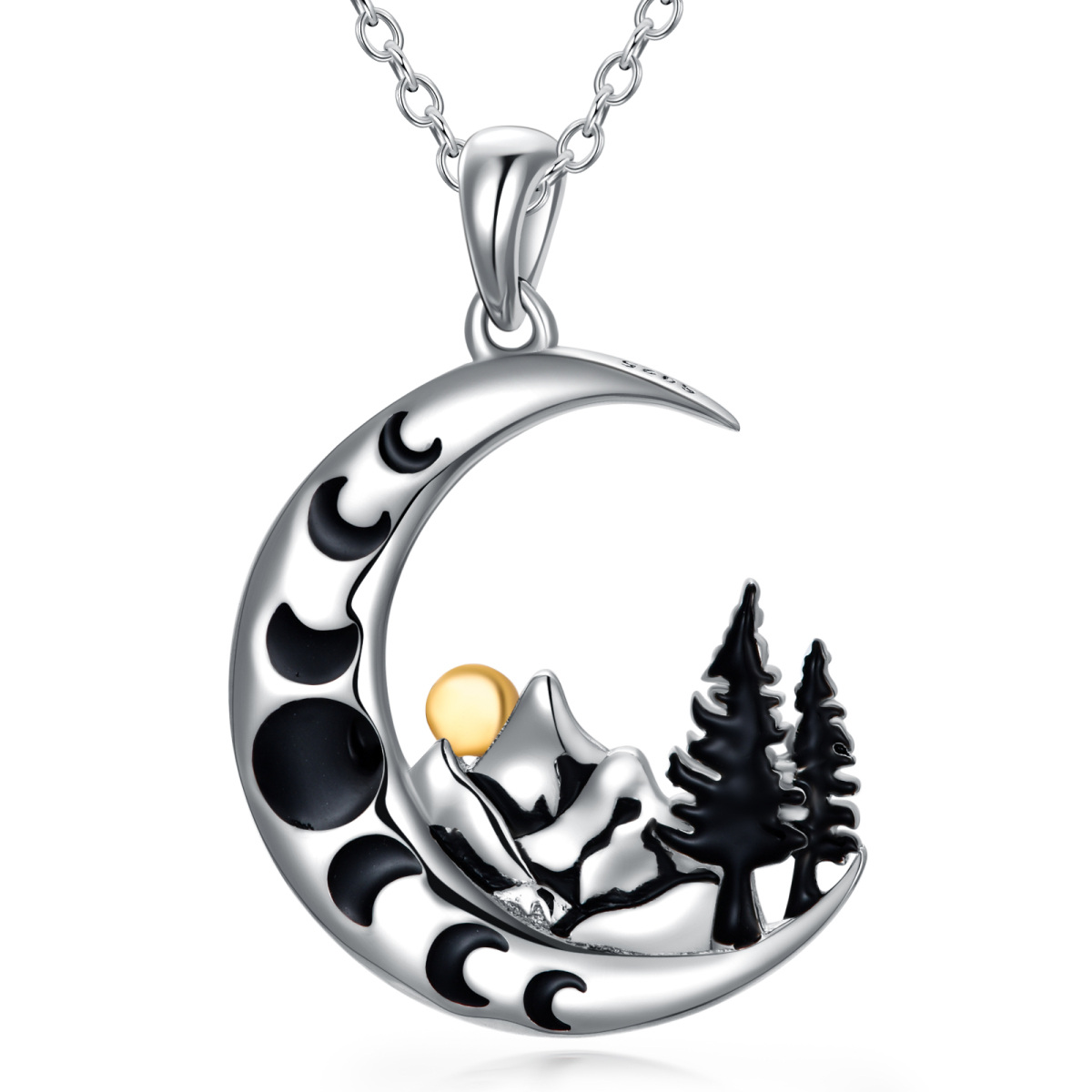 Sterling Silver Two-tone Moon & Mountains & Sun Pendant Necklace-1