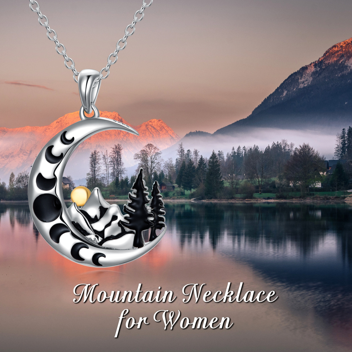 Sterling Silver Two-tone Moon & Mountains & Sun Pendant Necklace-6