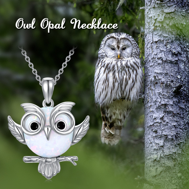 Sterling Silver Circular Shaped Opal Owl Pendant Necklace-6