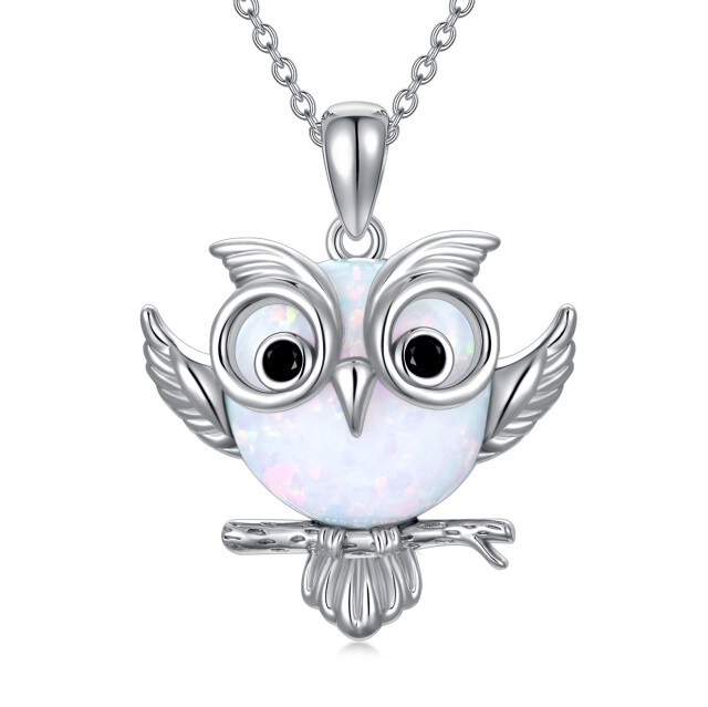 Sterling Silver Circular Shaped Opal Owl Pendant Necklace-1