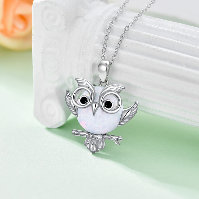 Sterling Silver Circular Shaped Opal Owl Pendant Necklace-3