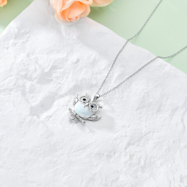 Sterling Silver Circular Shaped Opal Owl Pendant Necklace-4