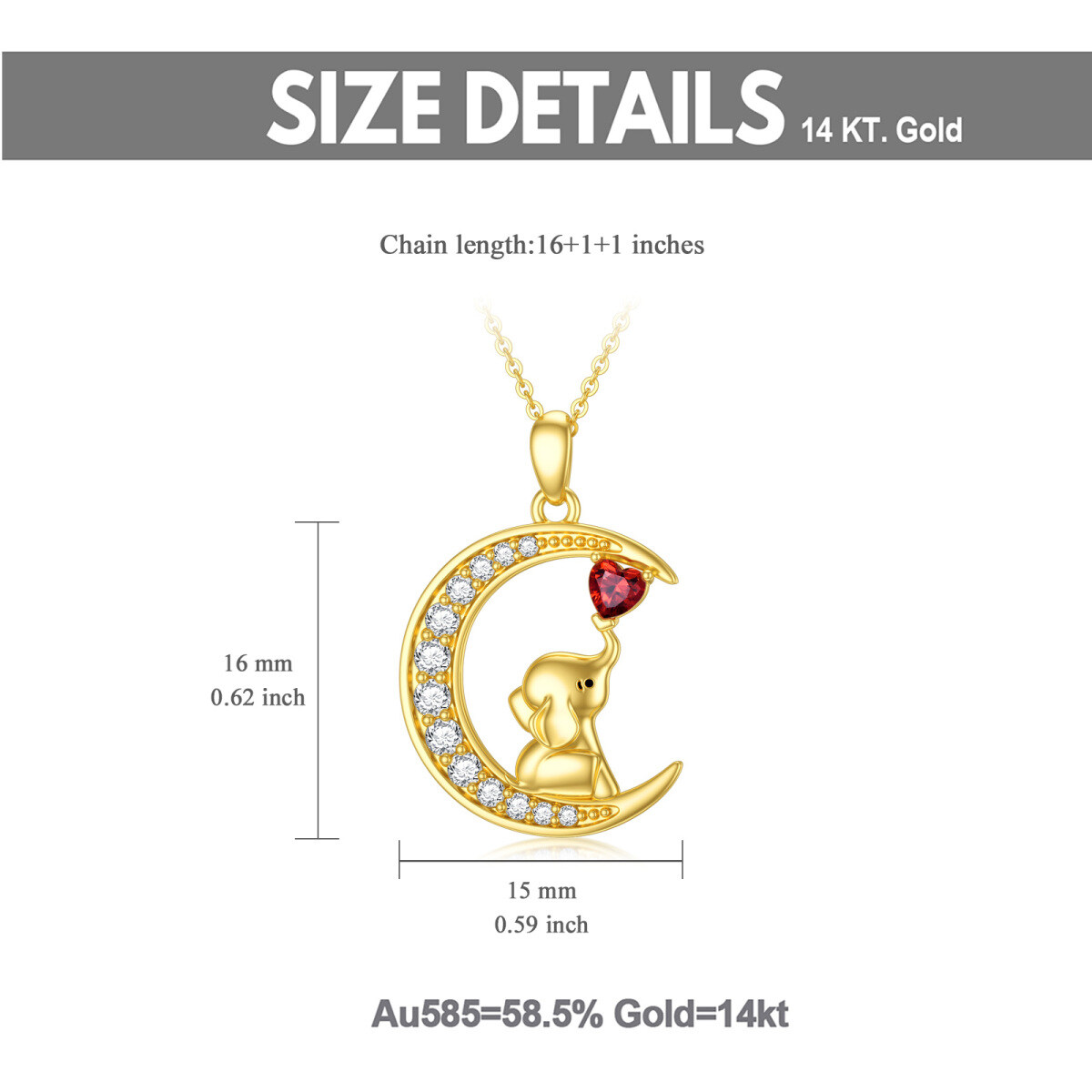 14K Gold Heart Shaped Moissanite Elephant & Moon Pendant Necklace-5