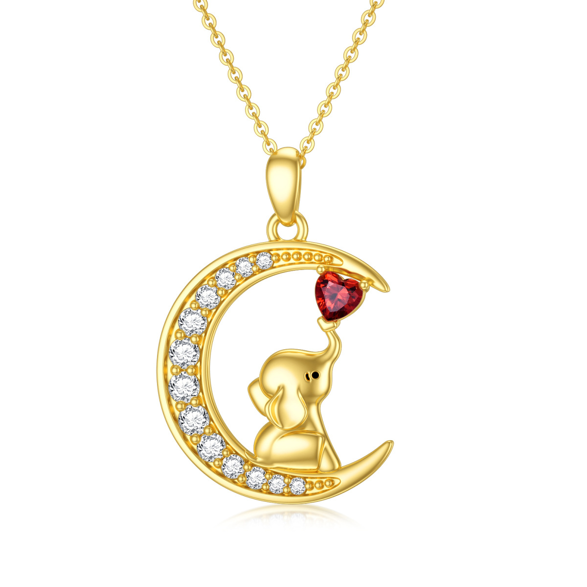 14K Gold Heart Shaped Moissanite Elephant & Moon Pendant Necklace-1
