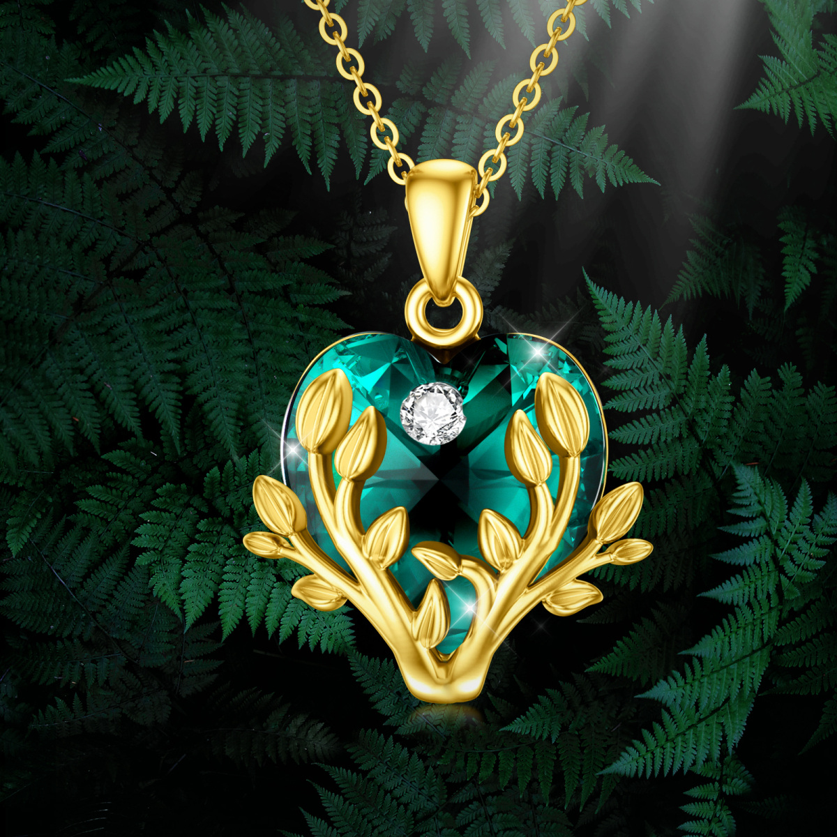 Halskette mit Lebensbaum-Anhänger aus 9 Karat Gold in Herzform mit Kristall-5