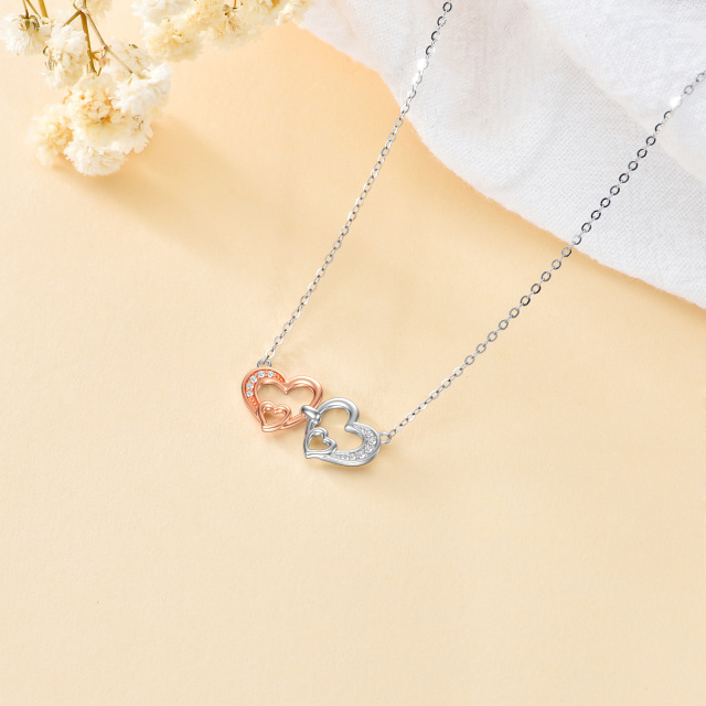 9K Silver & Rose Gold Circular Shaped Cubic Zirconia Heart With Heart Pendant Necklace-3