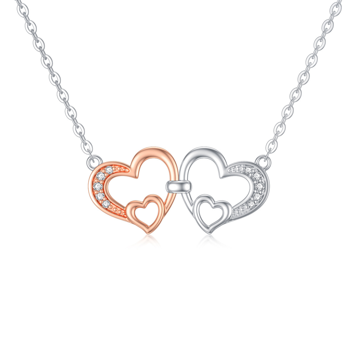 9K Silver & Rose Gold Circular Shaped Cubic Zirconia Heart With Heart Pendant Necklace-1