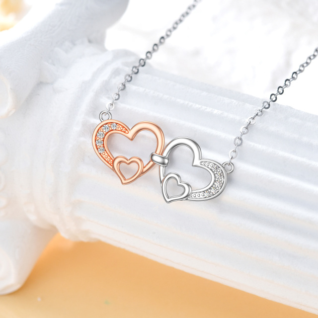 9K Silver & Rose Gold Circular Shaped Cubic Zirconia Heart With Heart Pendant Necklace-2