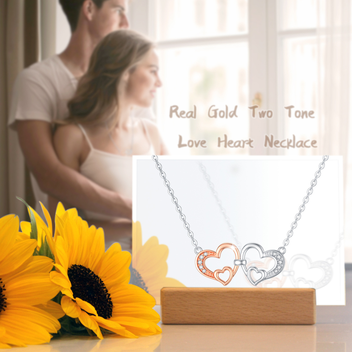 9K Silver & Rose Gold Circular Shaped Cubic Zirconia Heart With Heart Pendant Necklace-5