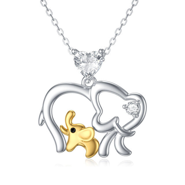 9K White Gold & Yellow Gold Circular Shaped & Heart Shaped Zircon Elephant & Heart Pendant Necklace-3