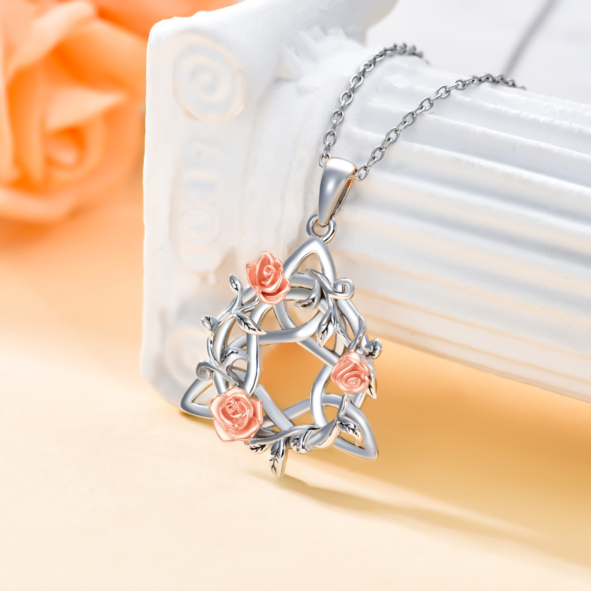 Collier en argent sterling avec pendentif rose bicolore-3