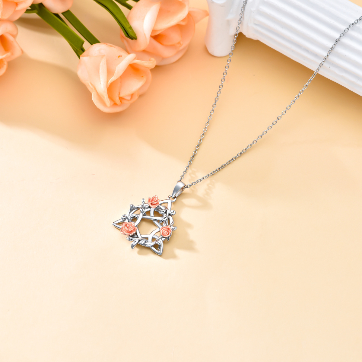 Collier en argent sterling avec pendentif rose bicolore-4