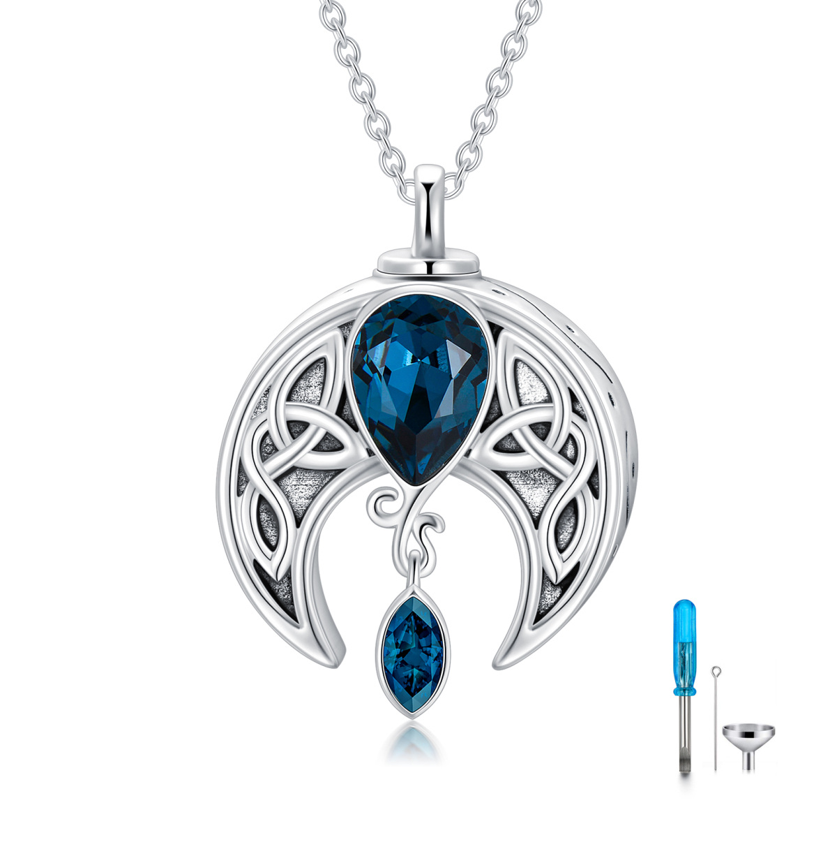 Sterling Silber Marquise geformt Kristall keltischen Knoten & Mond Urne Halskette-1