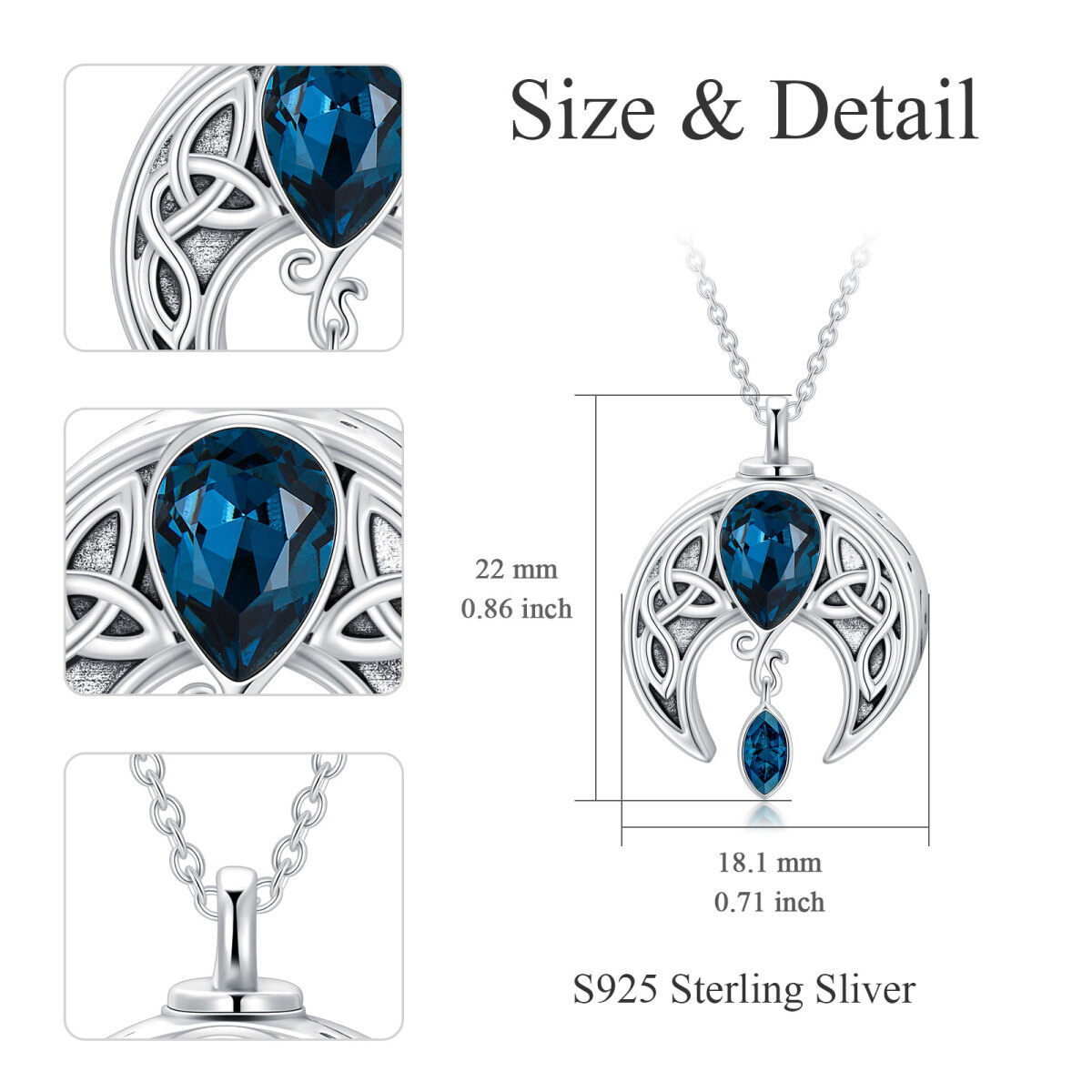 Sterling Silber Marquise geformt Kristall keltischen Knoten & Mond Urne Halskette-5