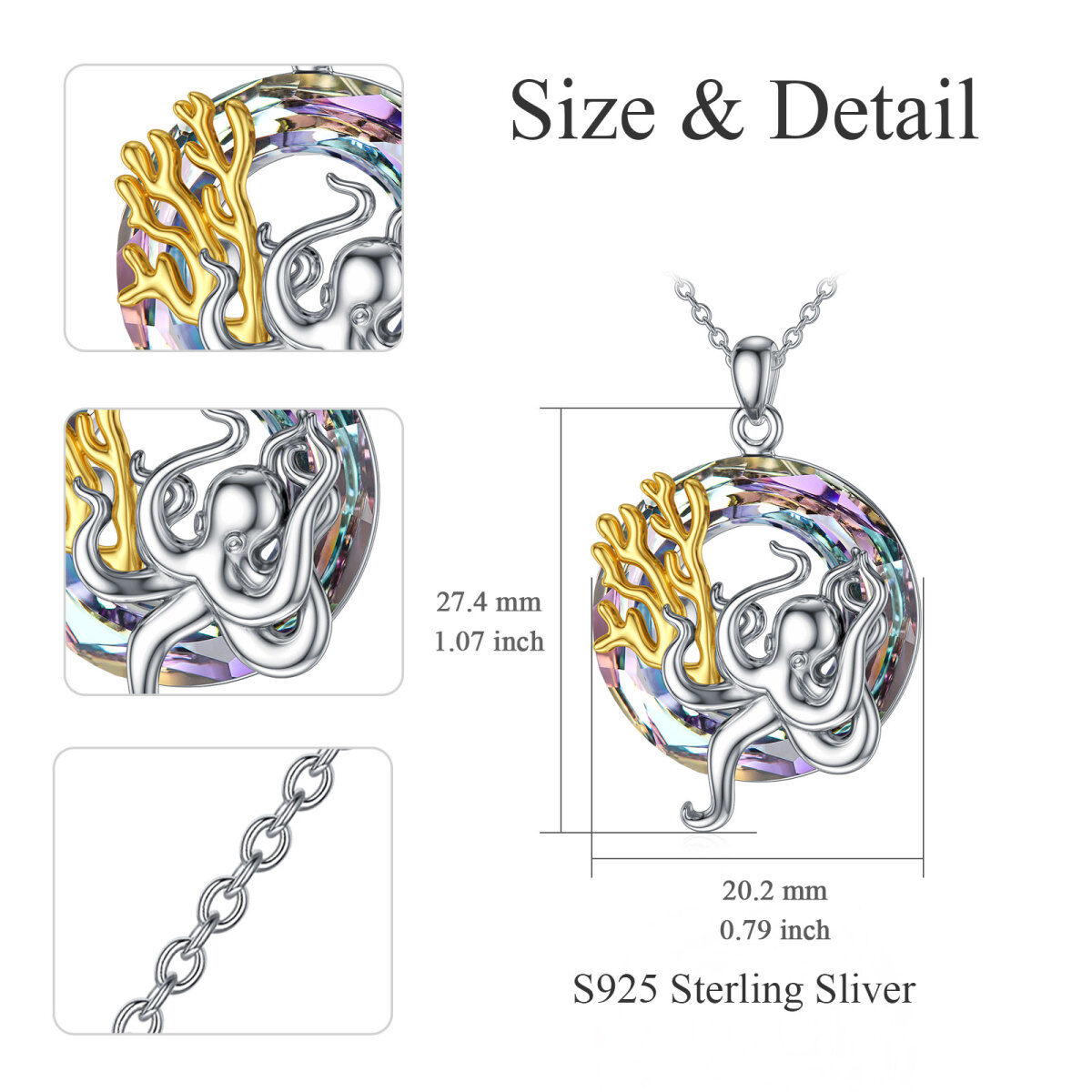 Sterling Silver Two-tone Circular Shaped Octopus Crystal Pendant Necklace-6