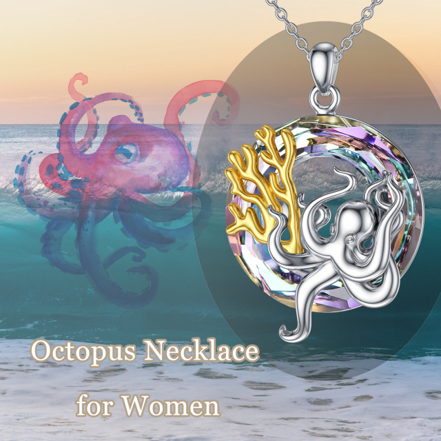 Sterling Silver Two-tone Circular Shaped Octopus Crystal Pendant Necklace-4