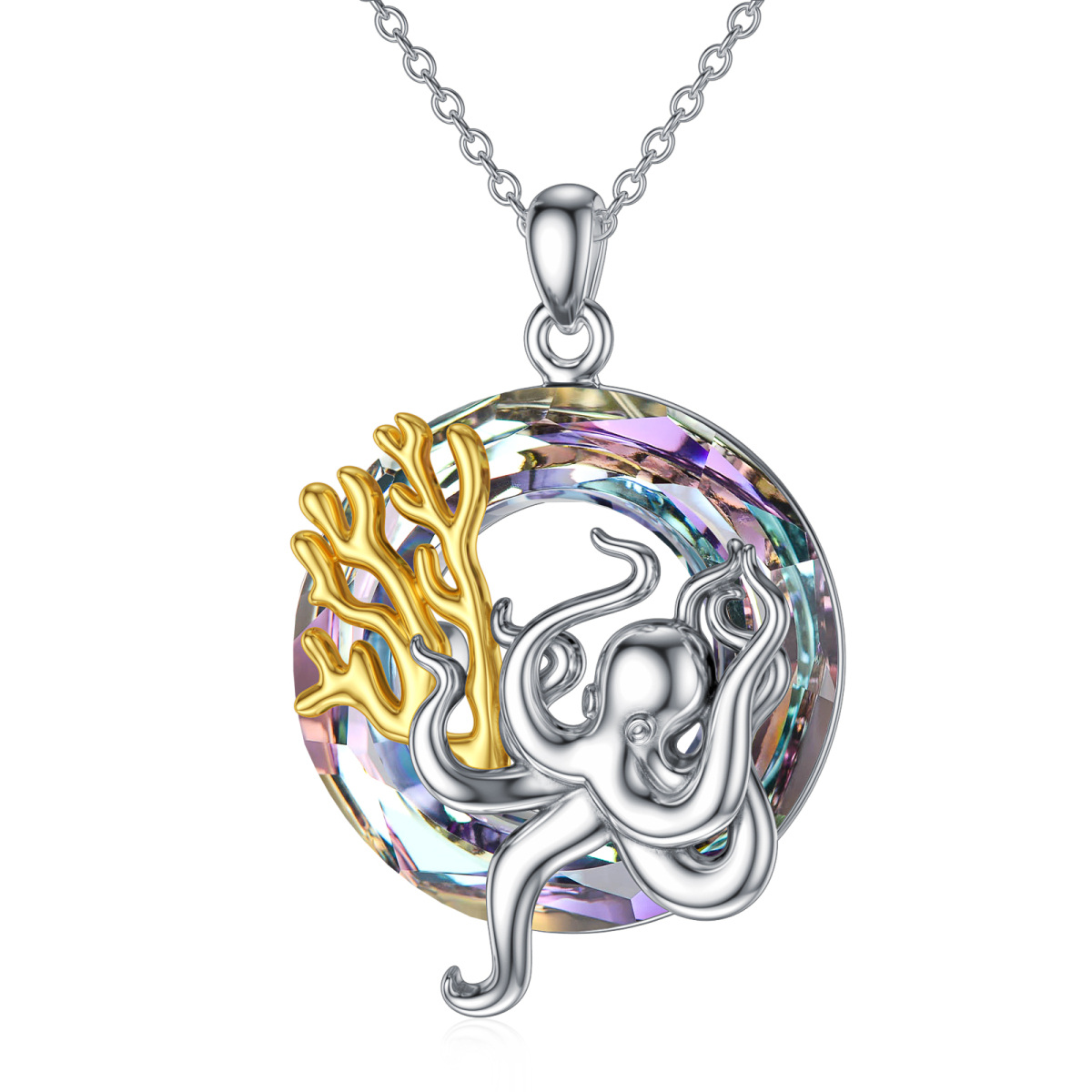 Sterling Silver Two-tone Circular Shaped Octopus Crystal Pendant Necklace-1