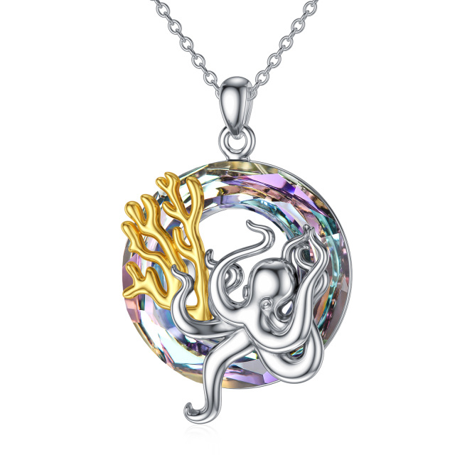 Sterling Silver Two-tone Circular Shaped Octopus Crystal Pendant Necklace-0