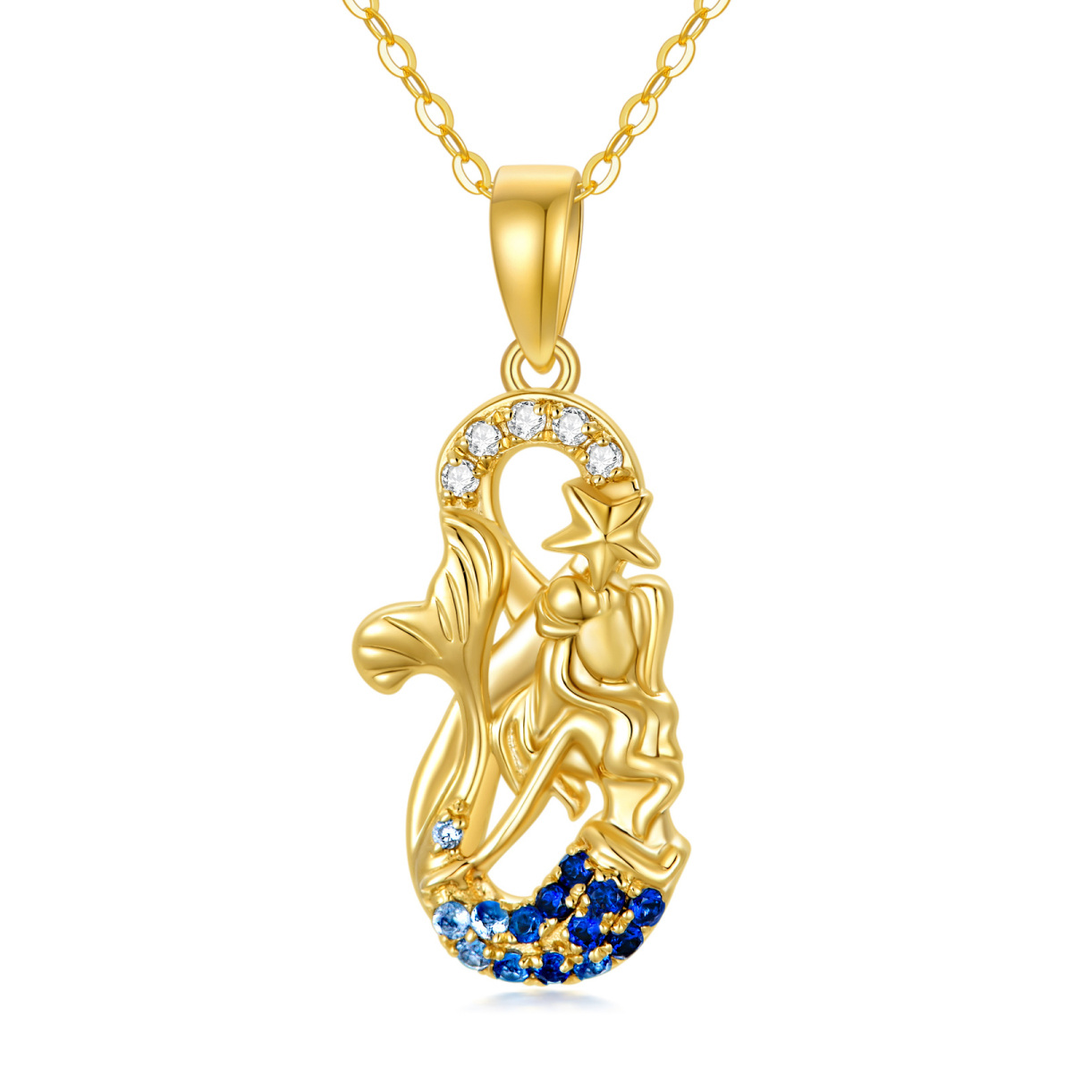 Collier à pendentif sirène en or 14K à zircon cubique-1