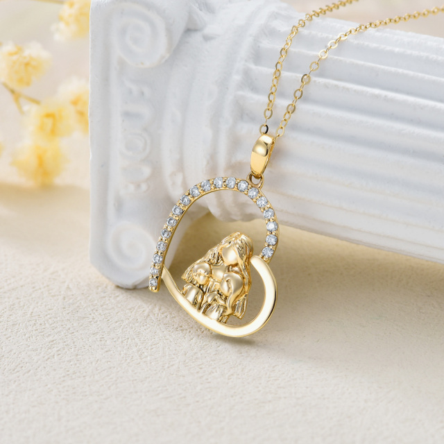 14K Gold Cubic Zirconia Mother & Daughter & Heart Pendant Necklace-3